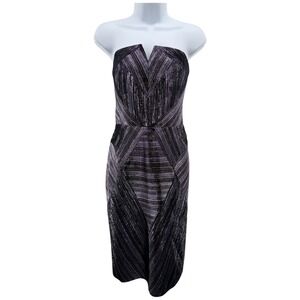 Milly Monica Strapless Metallic Geometric Cocktail Dress Black Silver Purple 6